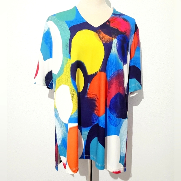 Ali Miles Women Blouse Top Medium Multicolor Abstract Print V-Neck Short Sleeve - Picture 1 of 10